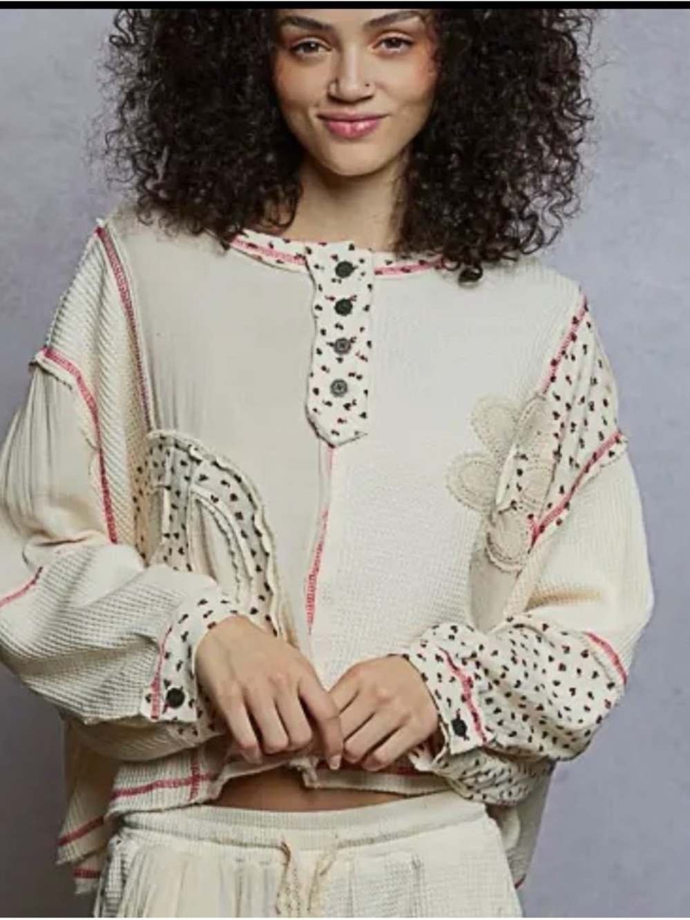 POL Cream Round Neck Peace Patch Floral Oversized Fit Knit Top NEW FALL WINTER